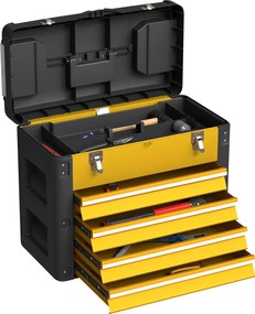 HOMCOM 4-fiókos szerszámosláda — porfestett acél, levehető tálca, kis alkatrésztartók, golyóscsapágyas sínek és hordfogantyú (sárga) | Aosom