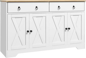 HOMCOM Büfé tároló szekrény konyhai szekrény vidéki stílusban 2 fiókkal és 2 állítható magasságú polccal - méret: 121L x 37W x 75H cm fehér | Aosom