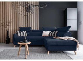 Sötétkék bársony kinyitható sarokkanapé (jobb oldali) Sweet Harmony – Miuform