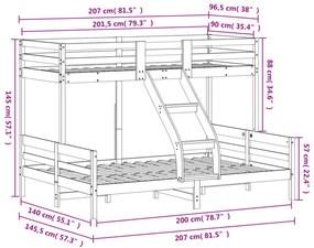 fehér tömör fenyőfa emeletes ágy 90 x 200/140 x 200 cm