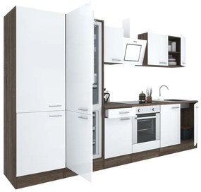 Yorki 330 konyhabútor yorki tölgy korpusz,selyemfényű fehér front alsó sütős elemmel polcos szekrénnyel és alulfagyasztós hűtős szekrénnyel