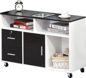 HOMCOM Irodai Segédbútor Irattartó Szekrény Kerekekkel, Polcokkal és Fiókokkal, Többfunkciós Tárolószekrény 100x35x65 cm Fekete és Fehér | Aosom