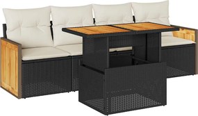 vidaXL 5 részes fekete polyrattan akácfa kerti kanapészett párnákkal