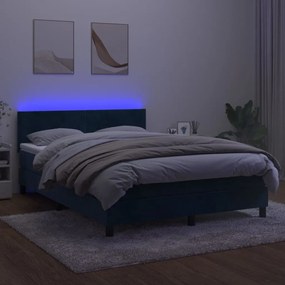 sötétkék bársony rugós és LED-es ágy matraccal 140x190 cm