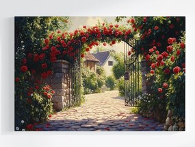 Vászonkép Canvas Kapu Vörös Rózsák Vidéki Kert Otthon Természet 60x40
