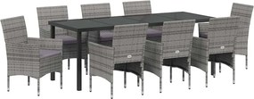 vidaXL Kert étkező szett párnával 9 pcs Szürke polirattan
