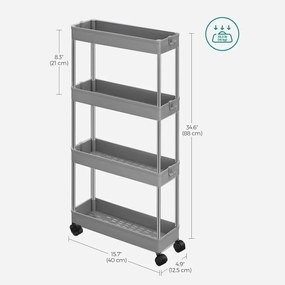 Tárolókocsi kerekeken, 4 szintes keskeny műanyag tároló, szürke