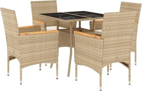 vidaXL 5 részes bézs polyrattan/üveg kerti étkezőgarnitúra párnákkal