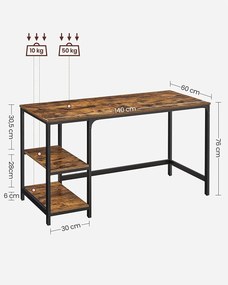VASAGLE számítógépasztal 2 tárolópolccal, jobb vagy bal oldalra szerelhető, 140 x 60 x 75 cm, rusztikus barna és fekete