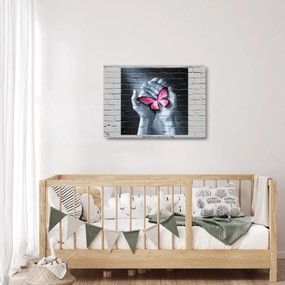 Üveg kép - Rózsaszín pillangó a falon (70x50 cm)