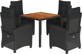 vidaXL 5 részes fekete polyrattan kerti étkezőgarnitúra párnákkal