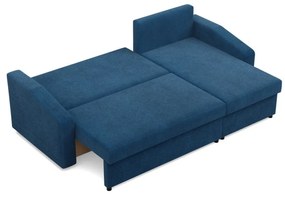 Zeus sarokkanapé, 1 ágyneműtartóval, döntött kartámasz, kordbársony, univerzális oldal, hab töltet, kék