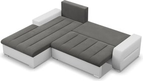 Toronto sarokkanapé, 2 ágyneműtartóval, bársony + műbőr, baloldali, szürke - fehér