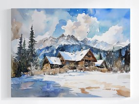 Poszter Tél Tájkép Hegyek Akvarell Házak Alpok Hó 80x60