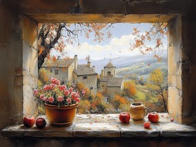 Vászonkép Canvas Ablak Terasz Kilátás Nyár Tájkép Hegyek Város 80x60