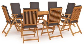 vidaXL 9 részes tömör tíkfa kerti étkezőgarnitúra szürke párnákkal