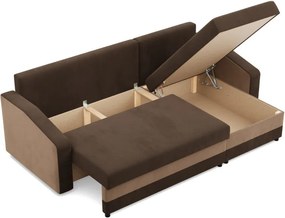 Hewlet sarokkanapé, 2 ágyneműtartóval, szövet anyag, univerzális oldal, bonell töltet, barna