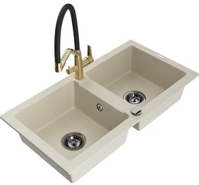 Mexen Mario gránit mosogató 2 rekeszes konyhai csapteleppel Duo, bézs - 6504-69-671701-57-B