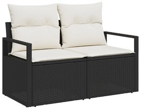 6 Részes Kert Sofa Készlet Párnákkal, Fekete Polirattan, Akác, 2-Személyes Kert Sofa Párnákkal, Fekete Polirattan
