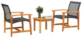 3 részes fekete polyrattan és akácfa bisztrószett