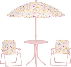AIYAPLAY Gyermek Kert 4 Darabos Asztal és Szék Szett - Gyermek Asztal Hajtható Székekkel, Állítható Szivárvány Mintás Napernyővel | Aosom