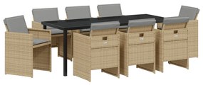 9 Darabos Kertész Étkezőasztal Párnákkal Bézs Poli Rattan