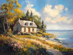 Vászonkép Canvas Tájkép Ház Tengerpart Virágok Hygge 100x75