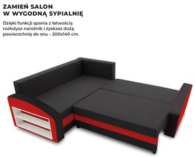 Grande sarokkanapé polcokkal , polc a bal karfaban, baloldali, szövet anyag, hab töltet, fekete - piros