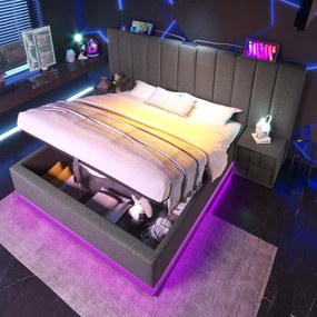 Kárpitozott ágy 160×200 LED-es kétszemélyes ágy és Usb-c szürke+Matrac