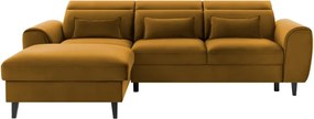 Sárga bársony kinyitható-tárolóhelyes sarokkanapé (bal oldali-heverő résszel) Foble – ELTAP