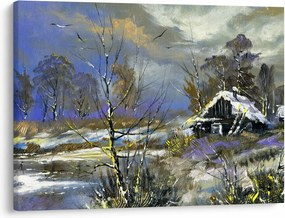 Téli tájon lévő házikó képe, olajfestmény (70x50 cm)
