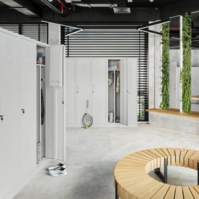 Pléh öltözőszekrény talpazaton, kétmodulos, polccal és köztes fallal KACPER, 800 x 1800 x 500 mm, szürke