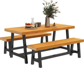 Outsunny 3 részes fa étkezőszett 4 személyre, rácsos design, étkezőasztal 2 paddal – Kerti bútor, fa asztal, teraszbútor, erkély bútor teafában | Aoso