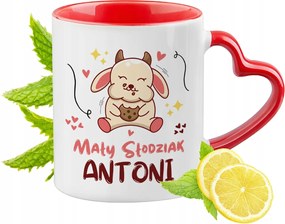 Piros bögre szív alakú füllel Antalnak ajándékba