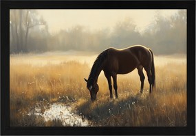 Poszter Keret Fa Tájkép Szabadtéri Rét Ló Gesztenye Reggel Köd 60x40