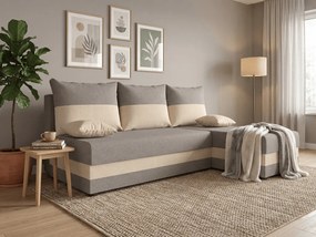 Kinyitható kétoldalas L-alakú sarokgarnitúra VALERIO SLIM 200x140 cm, világosszürke/bézs + 2 párna AJÁNDÉKBA