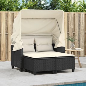 2 személyes fekete polyrattan kerti kanapé baldachinnal/székkel
