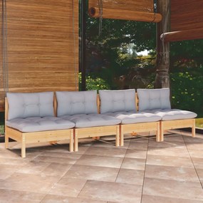 vidaXL négy személyes tömör fenyőfa kerti kanapé szürke párnákkal