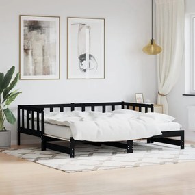 fekete tömör fenyőfa kihúzható kanapéágy 90 x 200 cm