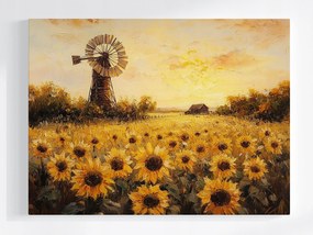 Vászonkép Canvas Tájkép Falu Mező Napraforgók Virágok Szélmalom 100x75
