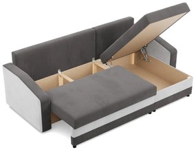 Hewlet sarokkanapé, 2 ágyneműtartóval, szövet anyag, univerzális oldal, hab töltet, szürke - fehér