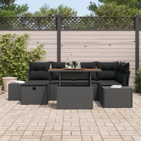 7 darabos Kerti Étkező Garnitúra Párnákkal Fekete Poly Rattan Akácia