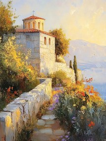 Vászonkép Canvas Tájkép Dél Tenger Templom Kápolna Virágok 60x80