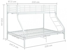 fehér fém emeleteságy-keret 140 x 200 cm/90 x 200 cm