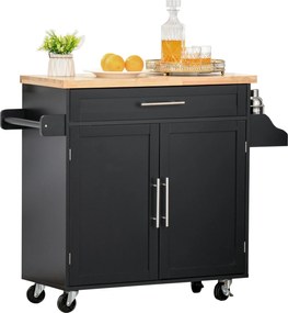 HOMCOM Konyhai Szekrény Kerekekkel, Ajtós Facsúszóval, Magasságban Állítható Belső Polccal és Fűszertartóval, Mobil Oldalszekrény 109x40x89 cm Fekete