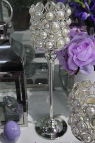 Ezüst luxus gyertyatartó gyöngyökkel 40cm