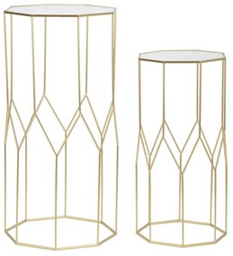 hatszögletű kisasztal készlet geometrikus vázzal és üveglappal – 2 db – aranyszínű
