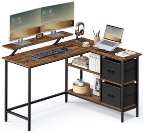 L-alakú íróasztal 2 tágas fiókkal,  állítható tárolópolccal, rusztikus barna