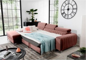 Rózsaszín bársony kinyitható-tárolóhelyes sarokkanapé (bal oldali-heverő résszel) Grayson – ELTAP