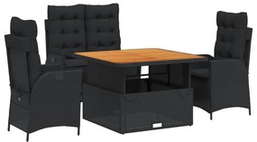 4 részes fekete polyrattan kerti étkezőszett párnákkal